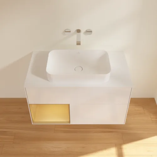 Bild von VILLEROY BOCH Finion Waschbeckenunterschrank, mit Beleuchtung, 2 Auszüge, 1000 x 603 x 501 mm, Glossy White Lacquer / Gold Matt Lacquer / Glass White Matt #F651HFGF