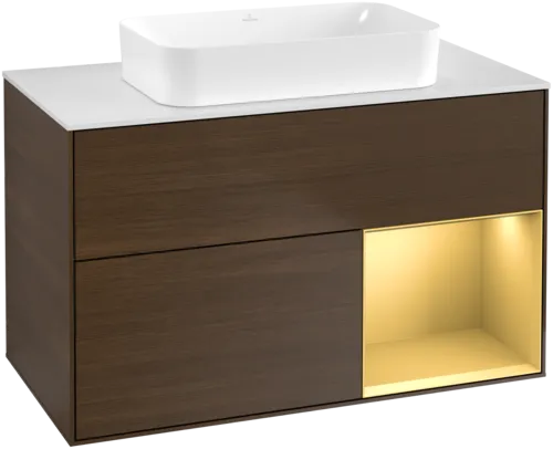 Bild von VILLEROY BOCH Finion Waschbeckenunterschrank, mit Beleuchtung, 2 Auszüge, 1000 x 603 x 501 mm, Walnut Veneer / Gold Matt Lacquer / Glass White Matt #F661HFGN