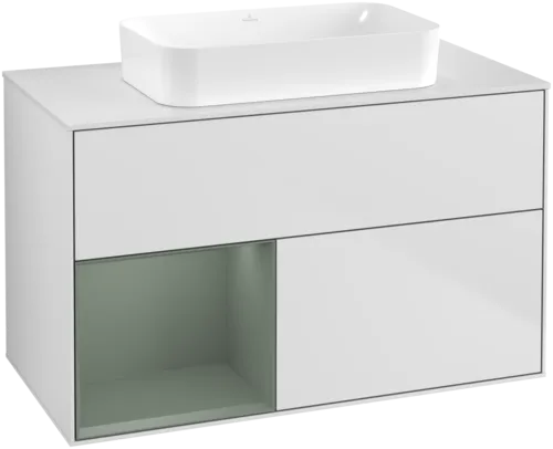 Obrázek VILLEROY BOCH Toaletní skříňka Finion, s osvětlením, 2 výsuvy, 1000 x 603 x 501 mm, bílý matný lak / olivový matný lak / bílé matné sklo #F651GMMT