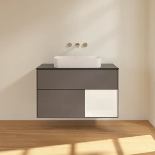 Bild von VILLEROY BOCH Finion Waschbeckenunterschrank, mit Beleuchtung, 2 Auszüge, 1000 x 603 x 501 mm, Anthracite Matt Lacquer / White Matt Lacquer / Glass Black Matt #F662MTGK
