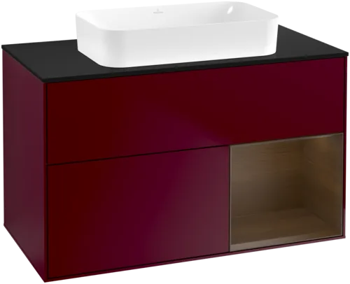 Bild von VILLEROY BOCH Finion Waschbeckenunterschrank, mit Beleuchtung, 2 Auszüge, 1000 x 603 x 501 mm, Peony Matt Lacquer / Walnut Veneer / Glass Black Matt #F662GNHB