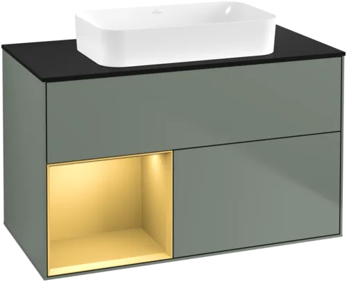 Bild von VILLEROY BOCH Finion Waschbeckenunterschrank, mit Beleuchtung, 2 Auszüge, 1000 x 603 x 501 mm, Olive Matt Lacquer / Gold Matt Lacquer / Glass Black Matt #F652HFGM