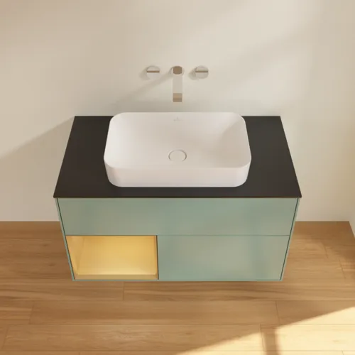 Bild von VILLEROY BOCH Finion Waschbeckenunterschrank, mit Beleuchtung, 2 Auszüge, 1000 x 603 x 501 mm, Olive Matt Lacquer / Gold Matt Lacquer / Glass Black Matt #F652HFGM