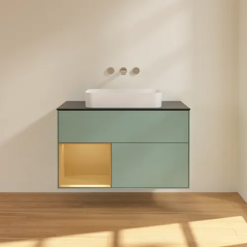 Bild von VILLEROY BOCH Finion Waschbeckenunterschrank, mit Beleuchtung, 2 Auszüge, 1000 x 603 x 501 mm, Olive Matt Lacquer / Gold Matt Lacquer / Glass Black Matt #F652HFGM