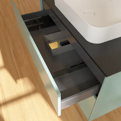 Bild von VILLEROY BOCH Finion Waschbeckenunterschrank, mit Beleuchtung, 2 Auszüge, 1000 x 603 x 501 mm, Olive Matt Lacquer / Gold Matt Lacquer / Glass Black Matt #F652HFGM