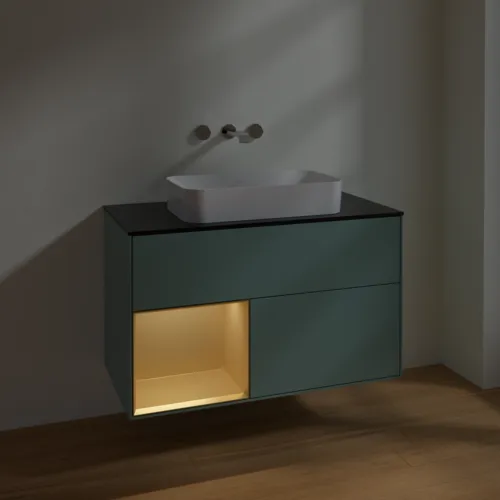 Bild von VILLEROY BOCH Finion Waschbeckenunterschrank, mit Beleuchtung, 2 Auszüge, 1000 x 603 x 501 mm, Olive Matt Lacquer / Gold Matt Lacquer / Glass Black Matt #F652HFGM