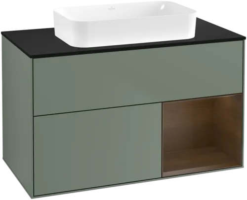 Bild von VILLEROY BOCH Finion Waschbeckenunterschrank, mit Beleuchtung, 2 Auszüge, 1000 x 603 x 501 mm, Olive Matt Lacquer / Walnut Veneer / Glass Black Matt #F662GNGM