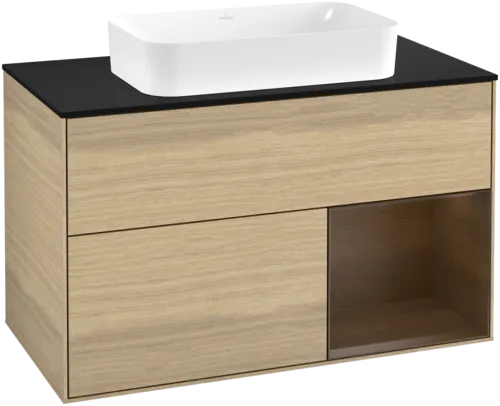 Bild von VILLEROY BOCH Finion Waschbeckenunterschrank, mit Beleuchtung, 2 Auszüge, 1000 x 603 x 501 mm, Oak Veneer / Walnut Veneer / Glass Black Matt #F662GNPC