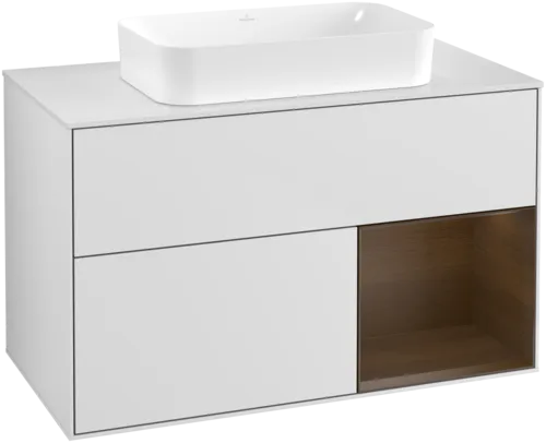 Bild von VILLEROY BOCH Finion Waschbeckenunterschrank, mit Beleuchtung, 2 Auszüge, 1000 x 603 x 501 mm, White Matt Lacquer / Walnut Veneer / Glass White Matt #F661GNMT