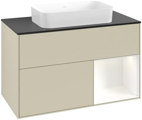 Bild von VILLEROY BOCH Finion Waschbeckenunterschrank, mit Beleuchtung, 2 Auszüge, 1000 x 603 x 501 mm, Silk Grey Matt Lacquer / White Matt Lacquer / Glass Black Matt #F662MTHJ