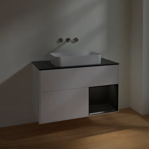 Picture of VILLEROY BOCH Finion Vanity unit, with lighting, 2 pull-out compartments, 1000 x 603 x 501 mm, White Matt Lacquer / Black Matt Lacquer / Glass Black Matt #F662PDMT