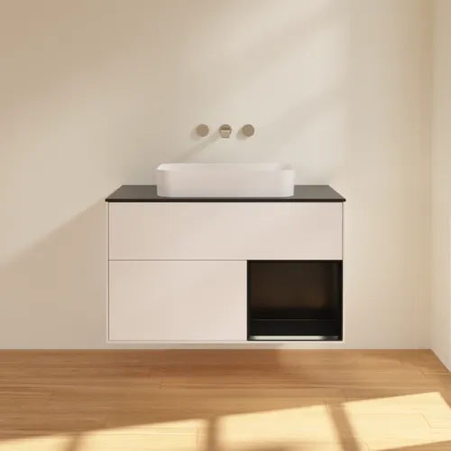 Picture of VILLEROY BOCH Finion Vanity unit, with lighting, 2 pull-out compartments, 1000 x 603 x 501 mm, White Matt Lacquer / Black Matt Lacquer / Glass Black Matt #F662PDMT