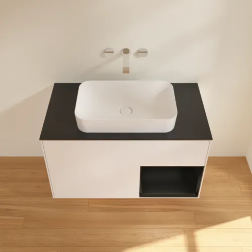 Picture of VILLEROY BOCH Finion Vanity unit, with lighting, 2 pull-out compartments, 1000 x 603 x 501 mm, White Matt Lacquer / Black Matt Lacquer / Glass Black Matt #F662PDMT