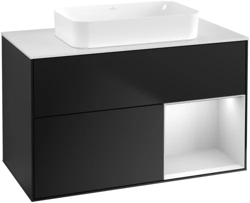 Bild von VILLEROY BOCH Finion Waschbeckenunterschrank, mit Beleuchtung, 2 Auszüge, 1000 x 603 x 501 mm, Black Matt Lacquer / White Matt Lacquer / Glass White Matt #F661MTPD