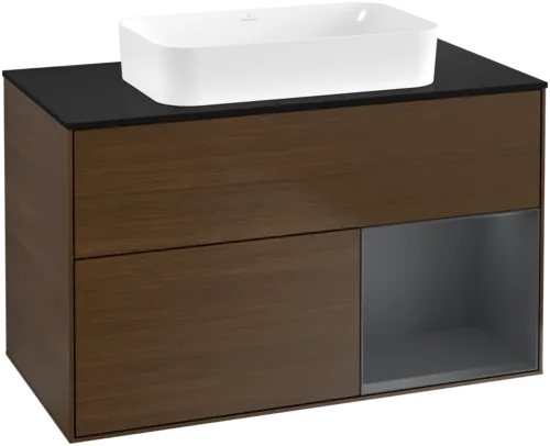 Bild von VILLEROY BOCH Finion Waschbeckenunterschrank, mit Beleuchtung, 2 Auszüge, 1000 x 603 x 501 mm, Walnut Veneer / Midnight Blue Matt Lacquer / Glass Black Matt #F662HGGN