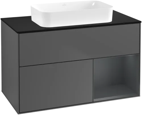 Obrázek VILLEROY BOCH Toaletní skříňka Finion, s osvětlením, 2 výsuvy, 1000 x 603 x 501 mm, antracitový matný lak / půlnoční modrý matný lak / černé matné sklo #F662HGGK