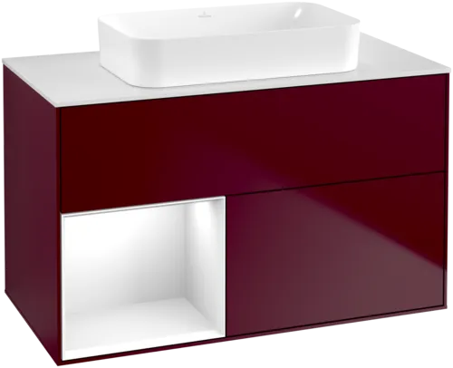 Obrázek VILLEROY BOCH Toaletní skříňka Finion, s osvětlením, 2 výsuvy, 1000 x 603 x 501 mm, Pivoňka matný lak / lesklý bílý lak / sklo bílé matné #F651GFHB