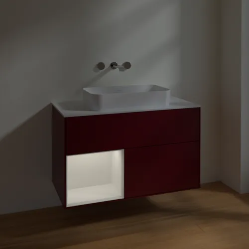 Obrázek VILLEROY BOCH Toaletní skříňka Finion, s osvětlením, 2 výsuvy, 1000 x 603 x 501 mm, Pivoňka matný lak / lesklý bílý lak / sklo bílé matné #F651GFHB