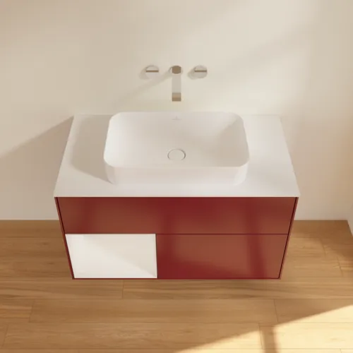 Obrázek VILLEROY BOCH Toaletní skříňka Finion, s osvětlením, 2 výsuvy, 1000 x 603 x 501 mm, Pivoňka matný lak / lesklý bílý lak / sklo bílé matné #F651GFHB