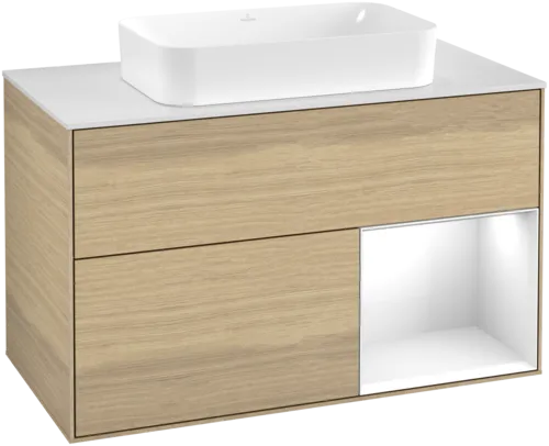 Bild von VILLEROY BOCH Finion Waschbeckenunterschrank, mit Beleuchtung, 2 Auszüge, 1000 x 603 x 501 mm, Oak Veneer / Glossy White Lacquer / Glass White Matt #F661GFPC