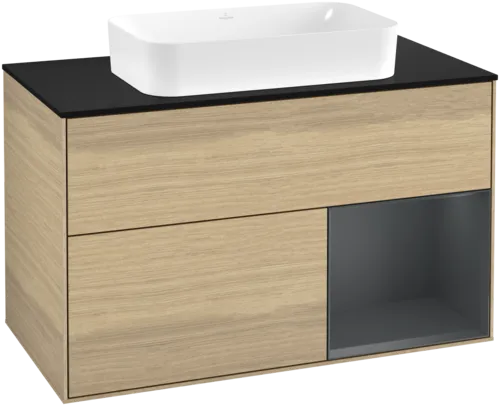 Bild von VILLEROY BOCH Finion Waschbeckenunterschrank, mit Beleuchtung, 2 Auszüge, 1000 x 603 x 501 mm, Oak Veneer / Midnight Blue Matt Lacquer / Glass Black Matt #F662HGPC