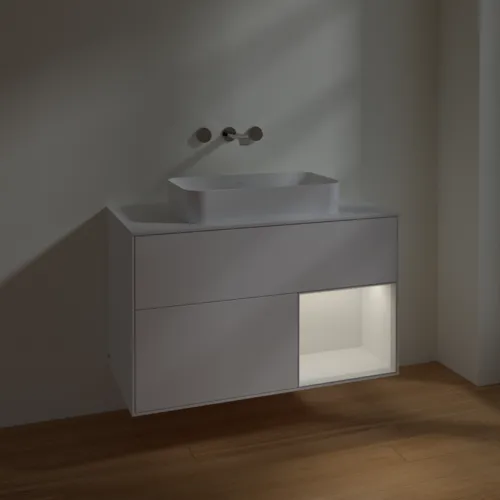 Bild von VILLEROY BOCH Finion Waschbeckenunterschrank, mit Beleuchtung, 2 Auszüge, 1000 x 603 x 501 mm, White Matt Lacquer / Glossy White Lacquer / Glass White Matt #F661GFMT