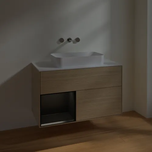 Bild von VILLEROY BOCH Finion Waschbeckenunterschrank, mit Beleuchtung, 2 Auszüge, 1000 x 603 x 501 mm, Oak Veneer / Black Matt Lacquer / Glass White Matt #F651PDPC