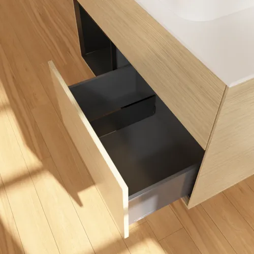 Bild von VILLEROY BOCH Finion Waschbeckenunterschrank, mit Beleuchtung, 2 Auszüge, 1000 x 603 x 501 mm, Oak Veneer / Black Matt Lacquer / Glass White Matt #F651PDPC