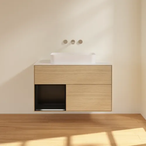 Bild von VILLEROY BOCH Finion Waschbeckenunterschrank, mit Beleuchtung, 2 Auszüge, 1000 x 603 x 501 mm, Oak Veneer / Black Matt Lacquer / Glass White Matt #F651PDPC
