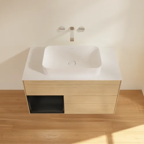 Bild von VILLEROY BOCH Finion Waschbeckenunterschrank, mit Beleuchtung, 2 Auszüge, 1000 x 603 x 501 mm, Oak Veneer / Black Matt Lacquer / Glass White Matt #F651PDPC