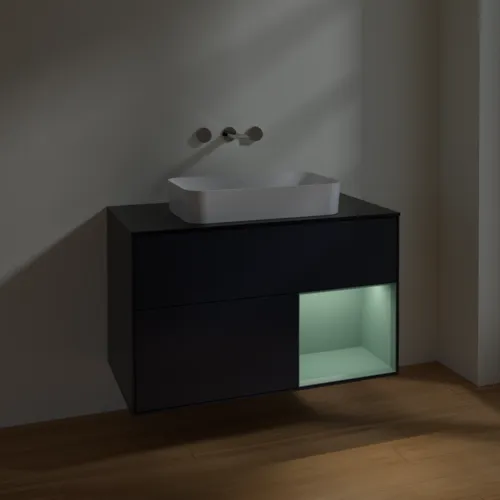 Bild von VILLEROY BOCH Finion Waschbeckenunterschrank, mit Beleuchtung, 2 Auszüge, 1000 x 603 x 501 mm, Midnight Blue Matt Lacquer / Olive Matt Lacquer / Glass Black Matt #F662GMHG