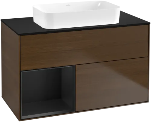 Bild von VILLEROY BOCH Finion Waschbeckenunterschrank, mit Beleuchtung, 2 Auszüge, 1000 x 603 x 501 mm, Walnut Veneer / Black Matt Lacquer / Glass Black Matt #F652PDGN