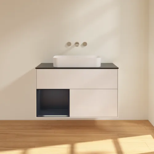 Bild von VILLEROY BOCH Finion Waschbeckenunterschrank, mit Beleuchtung, 2 Auszüge, 1000 x 603 x 501 mm, Glossy White Lacquer / Midnight Blue Matt Lacquer / Glass Black Matt #F652HGGF