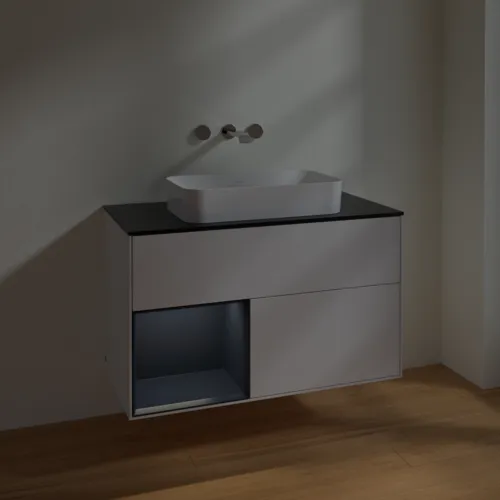 Bild von VILLEROY BOCH Finion Waschbeckenunterschrank, mit Beleuchtung, 2 Auszüge, 1000 x 603 x 501 mm, Glossy White Lacquer / Midnight Blue Matt Lacquer / Glass Black Matt #F652HGGF