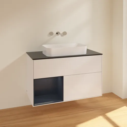 Bild von VILLEROY BOCH Finion Waschbeckenunterschrank, mit Beleuchtung, 2 Auszüge, 1000 x 603 x 501 mm, Glossy White Lacquer / Midnight Blue Matt Lacquer / Glass Black Matt #F652HGGF
