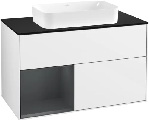 Bild von VILLEROY BOCH Finion Waschbeckenunterschrank, mit Beleuchtung, 2 Auszüge, 1000 x 603 x 501 mm, Glossy White Lacquer / Midnight Blue Matt Lacquer / Glass Black Matt #F652HGGF