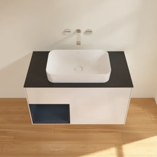 Bild von VILLEROY BOCH Finion Waschbeckenunterschrank, mit Beleuchtung, 2 Auszüge, 1000 x 603 x 501 mm, Glossy White Lacquer / Midnight Blue Matt Lacquer / Glass Black Matt #F652HGGF
