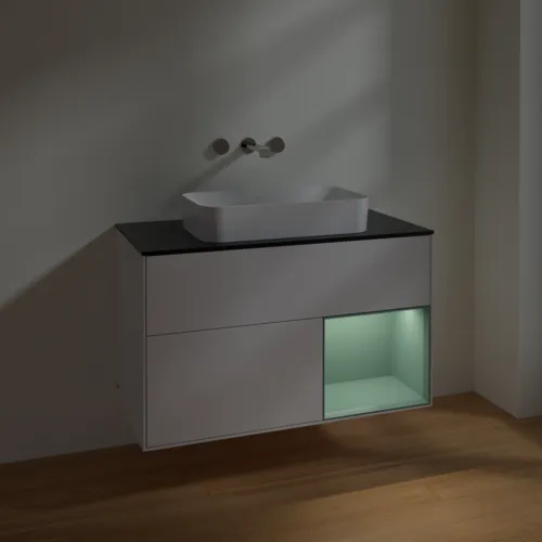 Bild von VILLEROY BOCH Finion Waschbeckenunterschrank, mit Beleuchtung, 2 Auszüge, 1000 x 603 x 501 mm, Glossy White Lacquer / Olive Matt Lacquer / Glass Black Matt #F662GMGF
