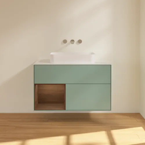 Bild von VILLEROY BOCH Finion Waschbeckenunterschrank, mit Beleuchtung, 2 Auszüge, 1000 x 603 x 501 mm, Olive Matt Lacquer / Walnut Veneer / Glass White Matt #F651GNGM