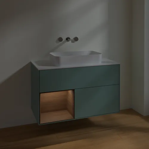 Bild von VILLEROY BOCH Finion Waschbeckenunterschrank, mit Beleuchtung, 2 Auszüge, 1000 x 603 x 501 mm, Olive Matt Lacquer / Walnut Veneer / Glass White Matt #F651GNGM
