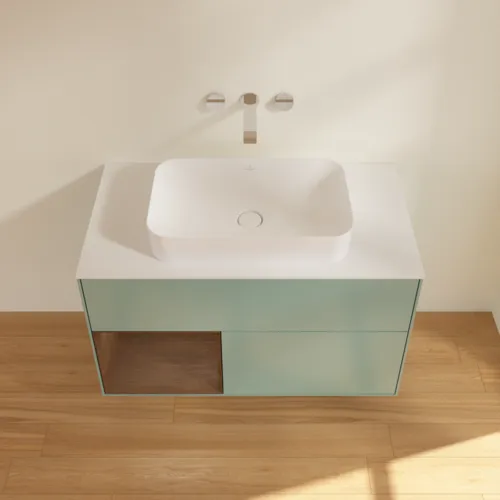 Bild von VILLEROY BOCH Finion Waschbeckenunterschrank, mit Beleuchtung, 2 Auszüge, 1000 x 603 x 501 mm, Olive Matt Lacquer / Walnut Veneer / Glass White Matt #F651GNGM