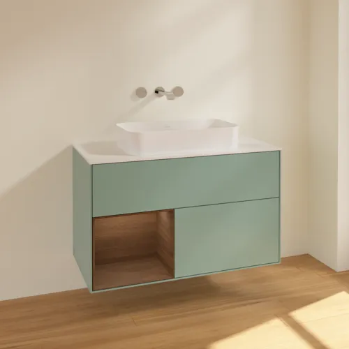 Bild von VILLEROY BOCH Finion Waschbeckenunterschrank, mit Beleuchtung, 2 Auszüge, 1000 x 603 x 501 mm, Olive Matt Lacquer / Walnut Veneer / Glass White Matt #F651GNGM