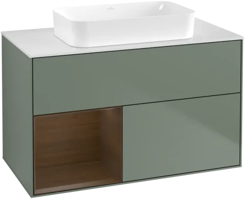 Bild von VILLEROY BOCH Finion Waschbeckenunterschrank, mit Beleuchtung, 2 Auszüge, 1000 x 603 x 501 mm, Olive Matt Lacquer / Walnut Veneer / Glass White Matt #F651GNGM