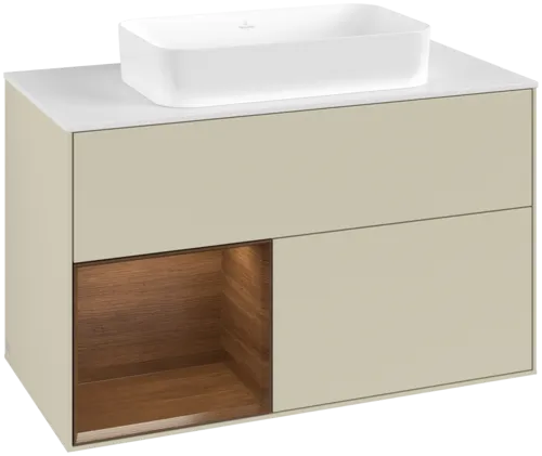 Bild von VILLEROY BOCH Finion Waschbeckenunterschrank, mit Beleuchtung, 2 Auszüge, 1000 x 603 x 501 mm, Silk Grey Matt Lacquer / Walnut Veneer / Glass White Matt #F651GNHJ