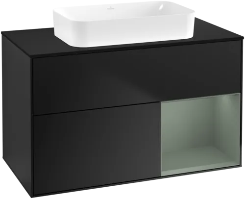 Bild von VILLEROY BOCH Finion Waschbeckenunterschrank, mit Beleuchtung, 2 Auszüge, 1000 x 603 x 501 mm, Black Matt Lacquer / Olive Matt Lacquer / Glass Black Matt #F662GMPD