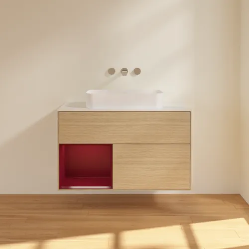 Bild von VILLEROY BOCH Finion Waschbeckenunterschrank, mit Beleuchtung, 2 Auszüge, 1000 x 603 x 501 mm, Oak Veneer / Peony Matt Lacquer / Glass White Matt #F651HBPC