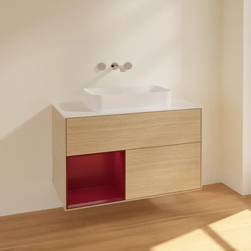 Bild von VILLEROY BOCH Finion Waschbeckenunterschrank, mit Beleuchtung, 2 Auszüge, 1000 x 603 x 501 mm, Oak Veneer / Peony Matt Lacquer / Glass White Matt #F651HBPC