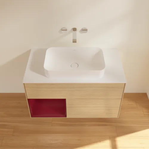 Bild von VILLEROY BOCH Finion Waschbeckenunterschrank, mit Beleuchtung, 2 Auszüge, 1000 x 603 x 501 mm, Oak Veneer / Peony Matt Lacquer / Glass White Matt #F651HBPC