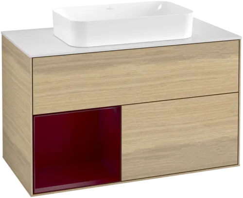 Bild von VILLEROY BOCH Finion Waschbeckenunterschrank, mit Beleuchtung, 2 Auszüge, 1000 x 603 x 501 mm, Oak Veneer / Peony Matt Lacquer / Glass White Matt #F651HBPC