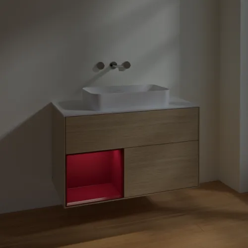 Bild von VILLEROY BOCH Finion Waschbeckenunterschrank, mit Beleuchtung, 2 Auszüge, 1000 x 603 x 501 mm, Oak Veneer / Peony Matt Lacquer / Glass White Matt #F651HBPC